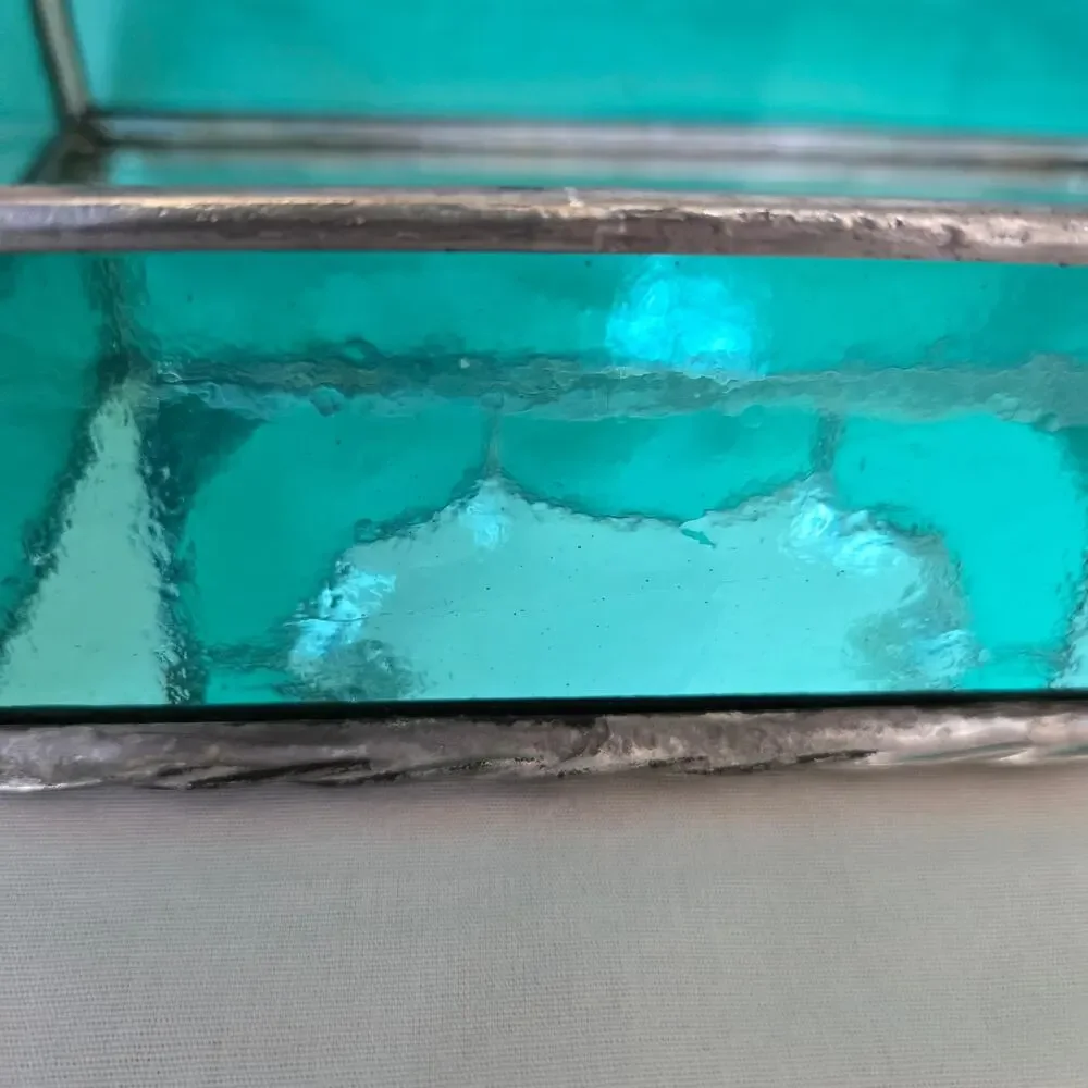 Teal Green Stained Glass Mirrored Jewelry Box Trinket Box Beveled and Waterglass